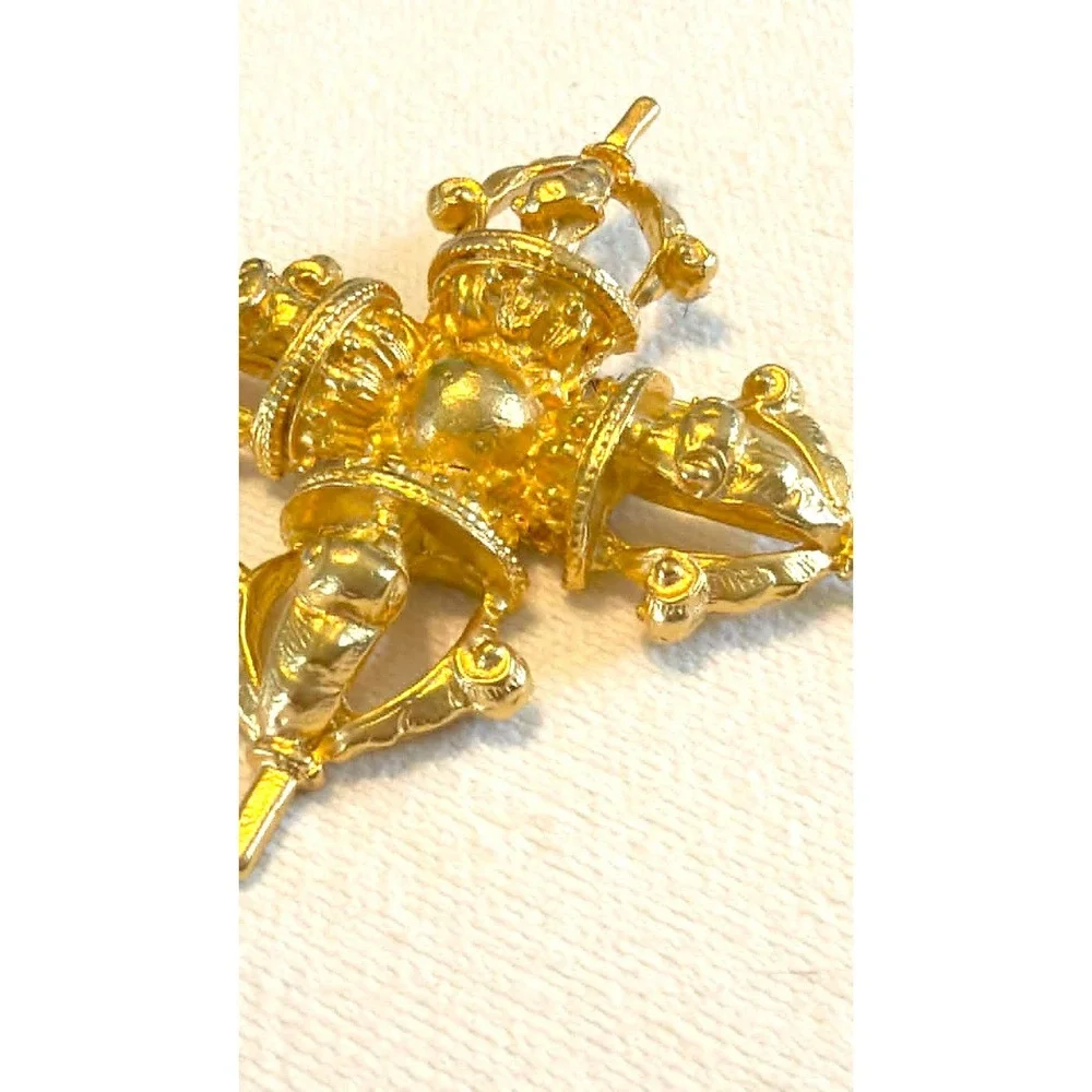 Vintage Kenneth Jay Lane KJL Double Vajra Vishvavajra Gold Tone Buddhist Brooch